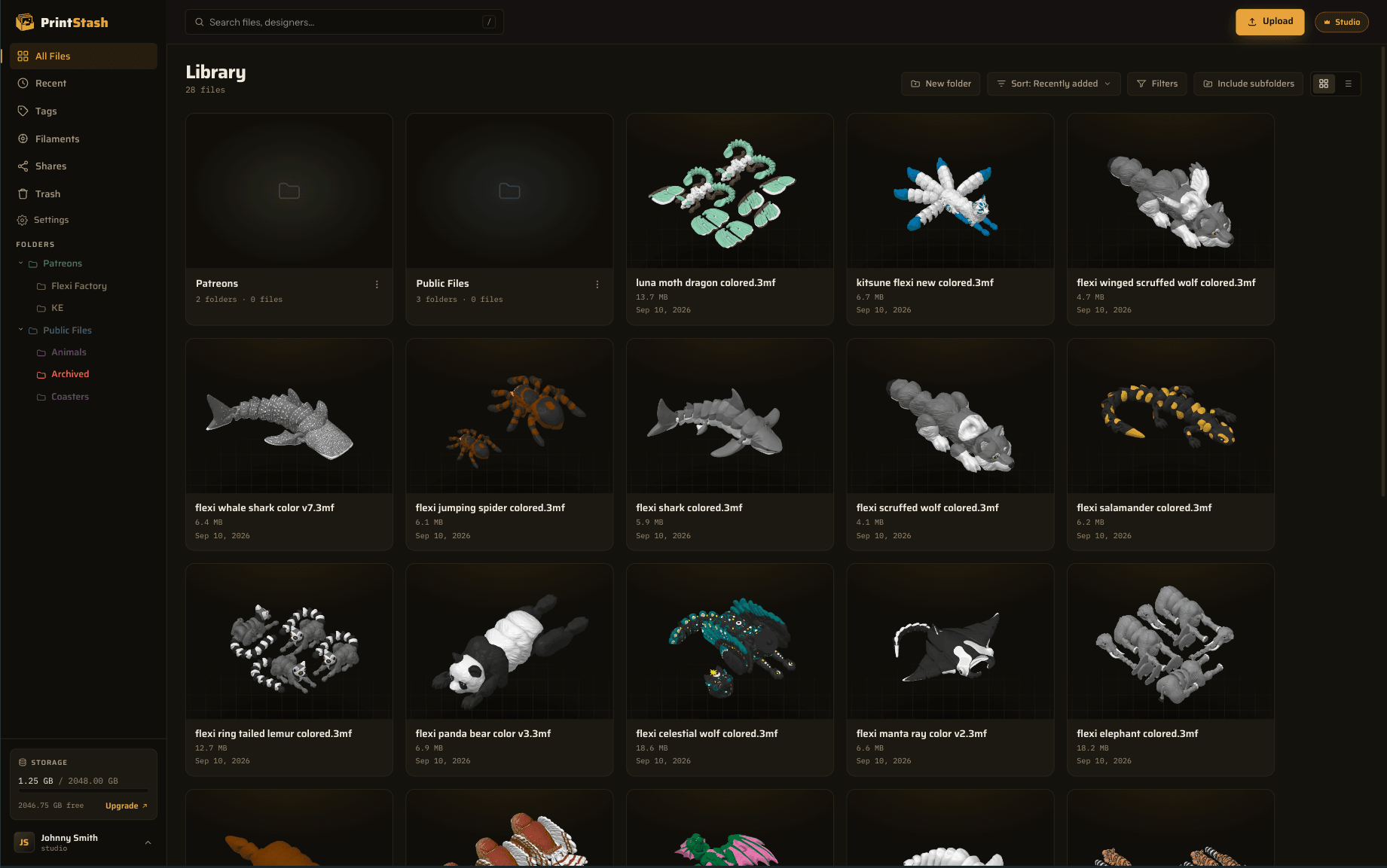 The PrintStash library showing a grid of 3D model thumbnails with a folder and tag sidebar